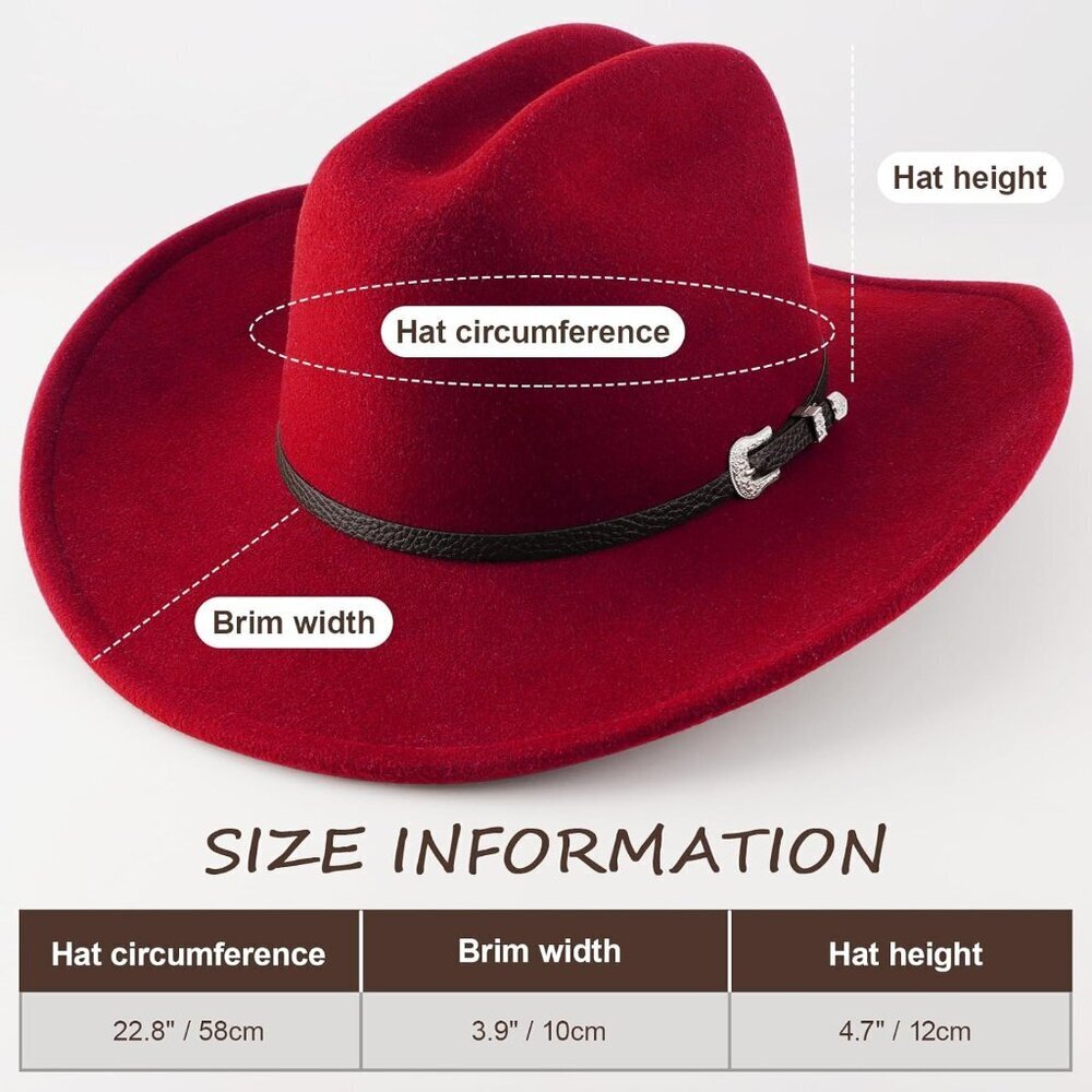 Women's Red Western With Brim Belt Buckle Classic Fedora Cowboy Felt Hat - Picture 2 of 7